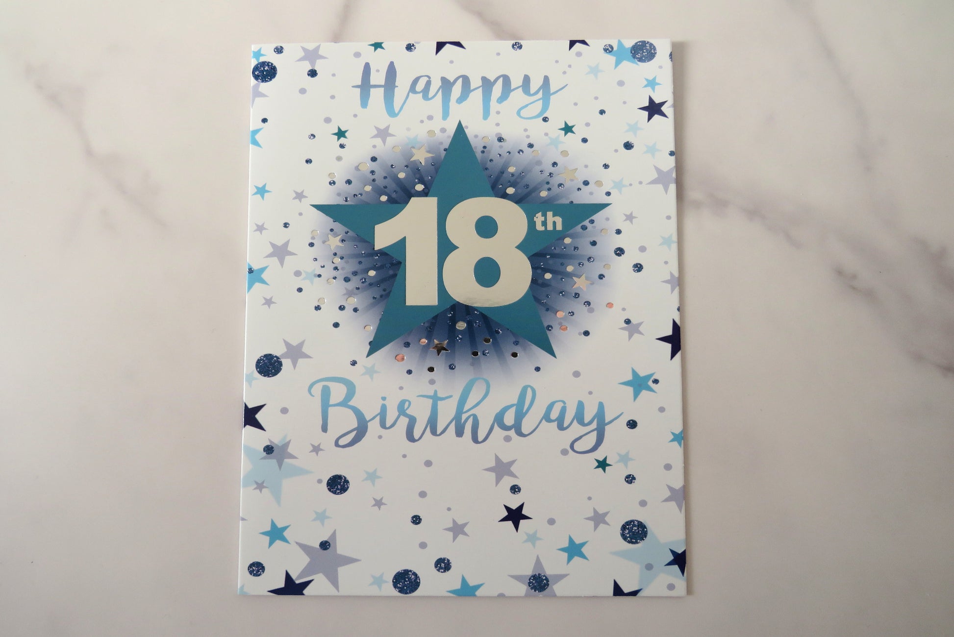 18th birthday card with blue star design.