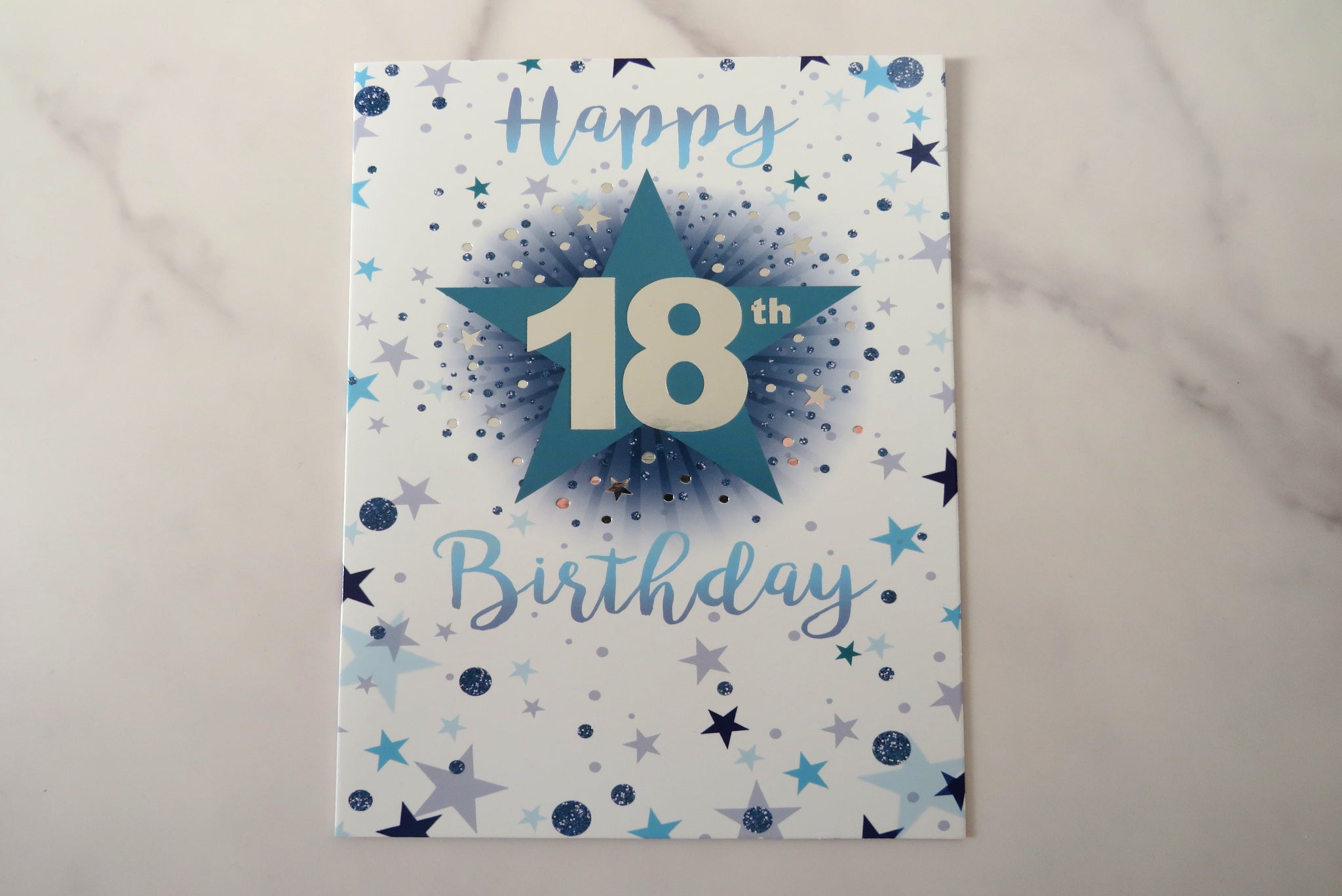 18th birthday card with blue star design.