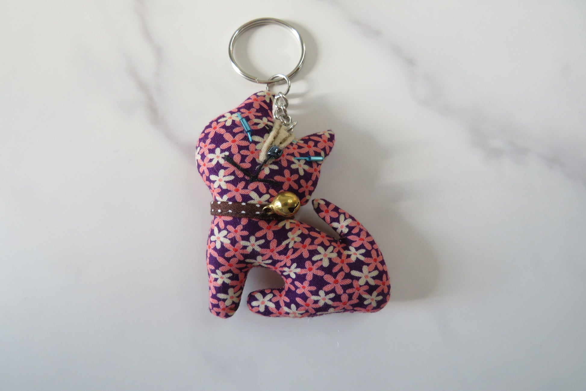 fabric cat keyring pink with flower print