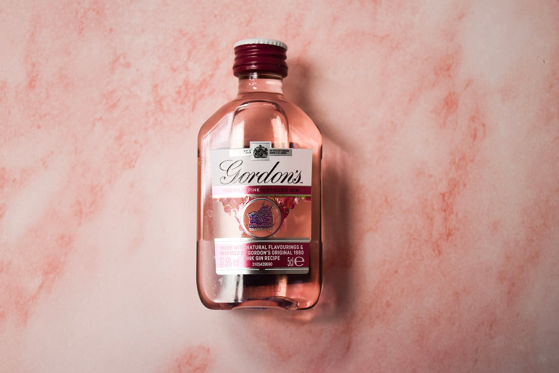 A bottle of Gordons Pink Gin 5cl.