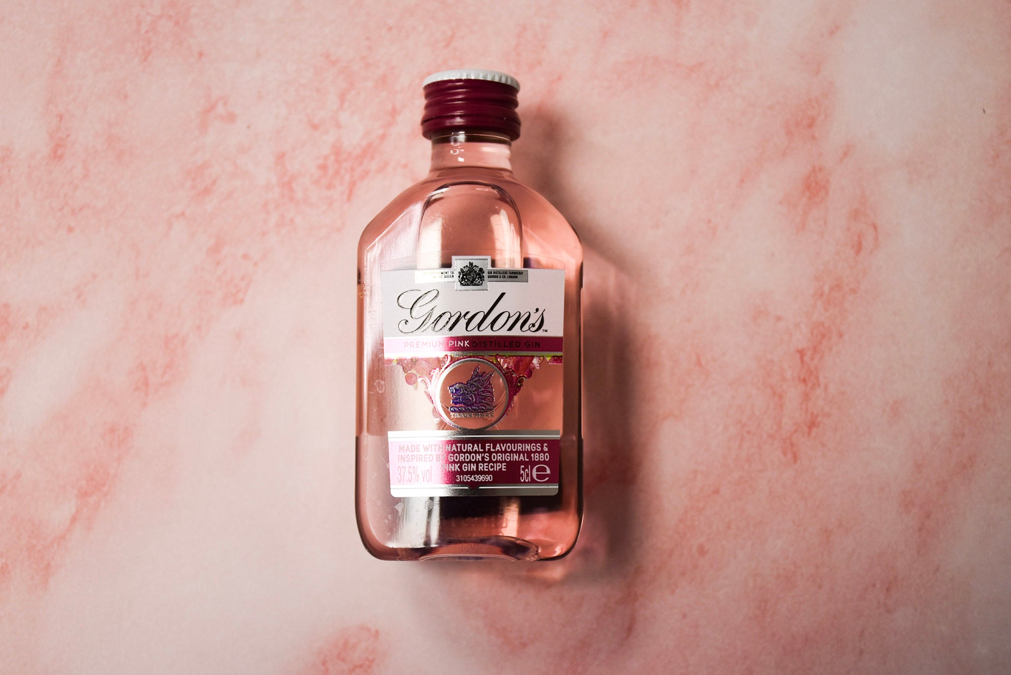 A bottle of Gordons Pink Gin 5cl.
