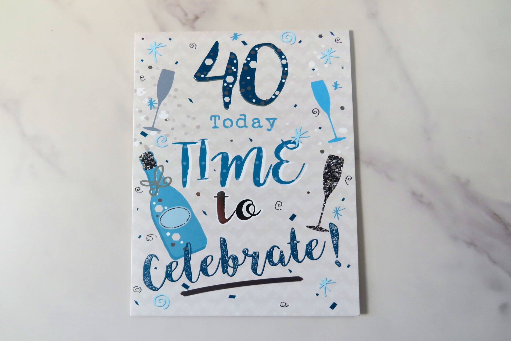 40th birthday card with '40 Today, Time to Celebrate!' text on.