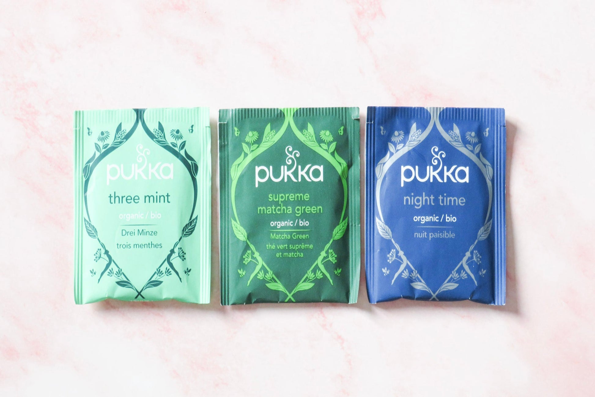 Three Pukka tea bags.