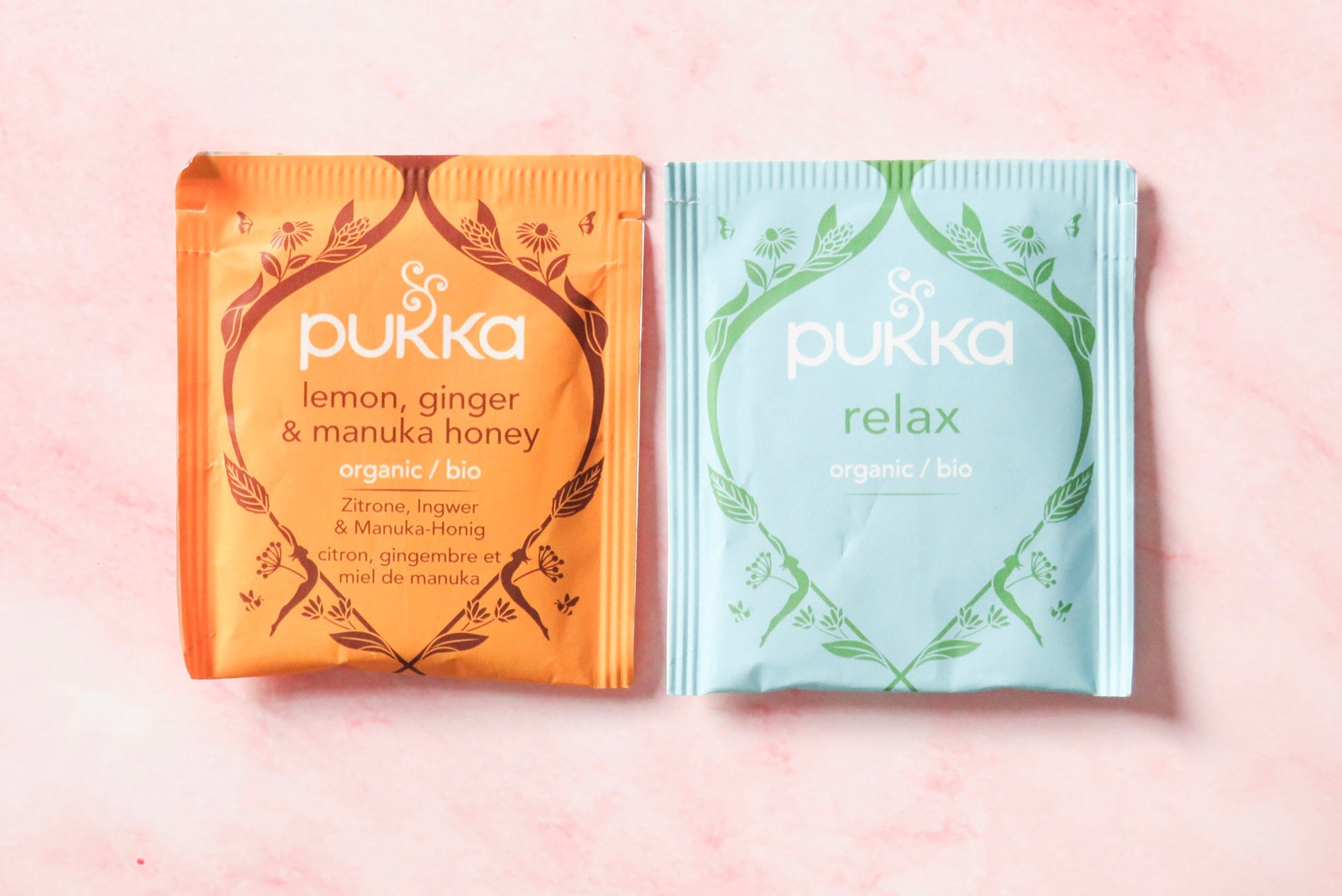 Two Pukka, lemon, ginger & manuka Honey & relax tea bags
