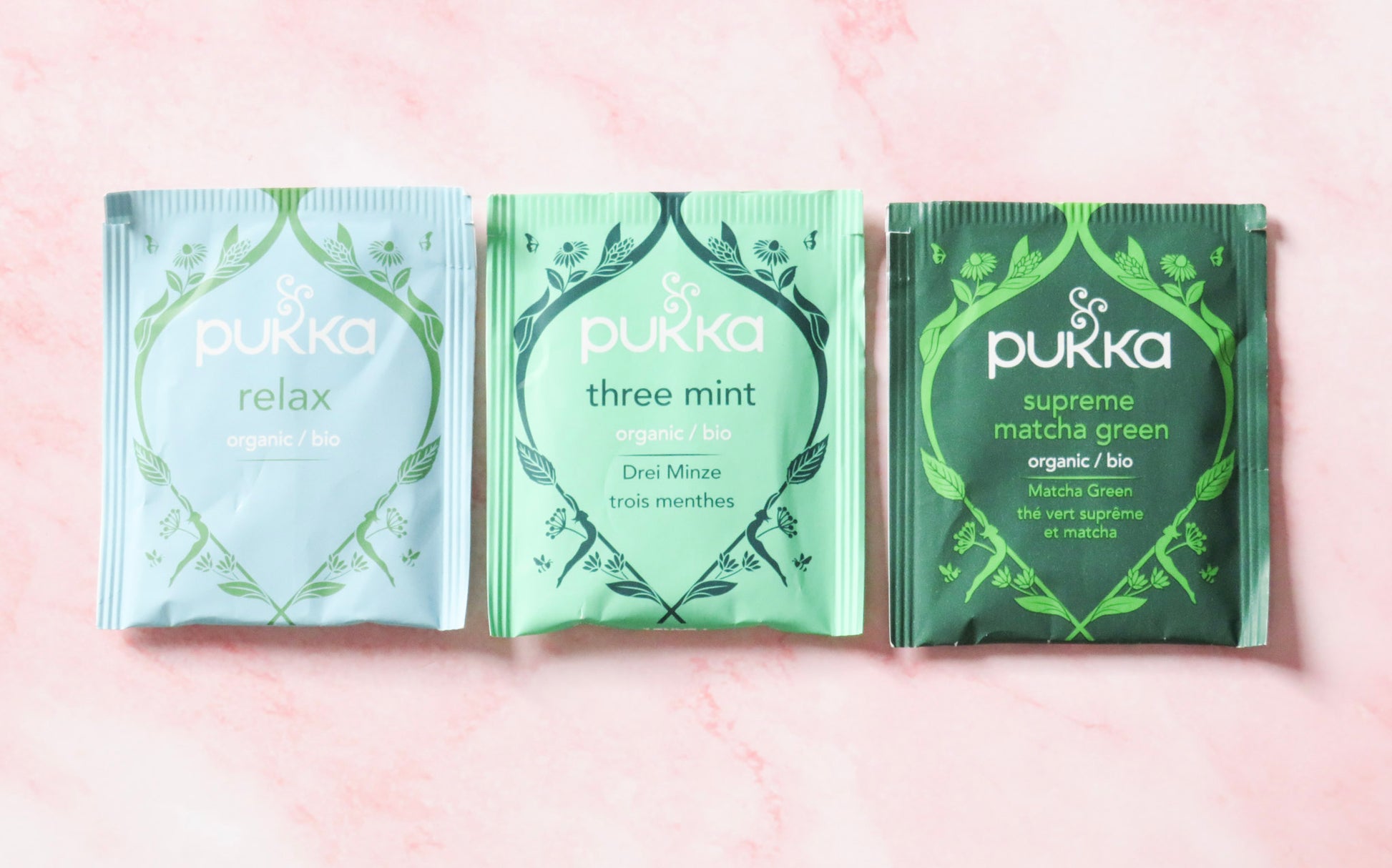 Three Pukka tea bags, relax, three mint & supreme matcha green.