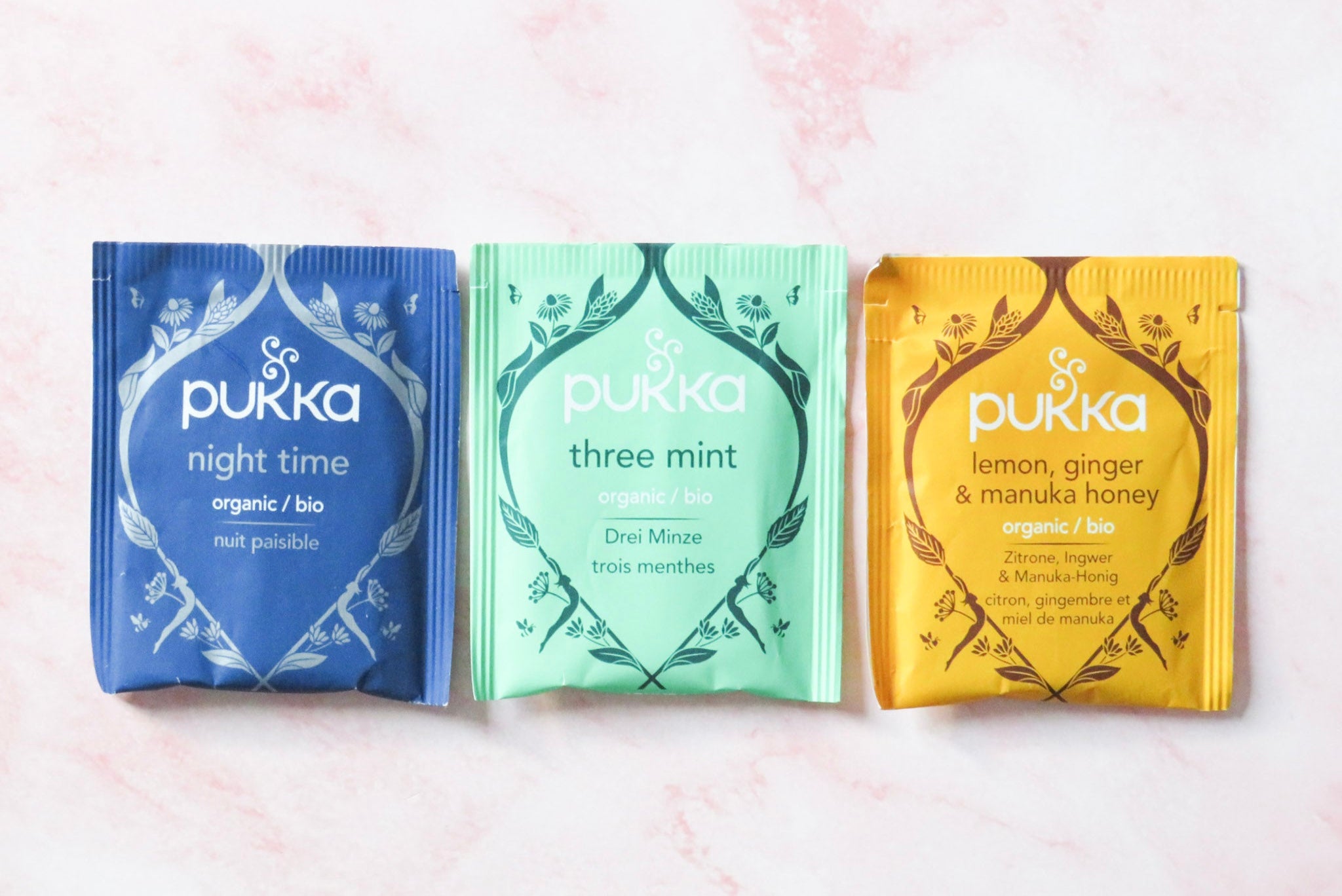 Three Pukka tea bags.