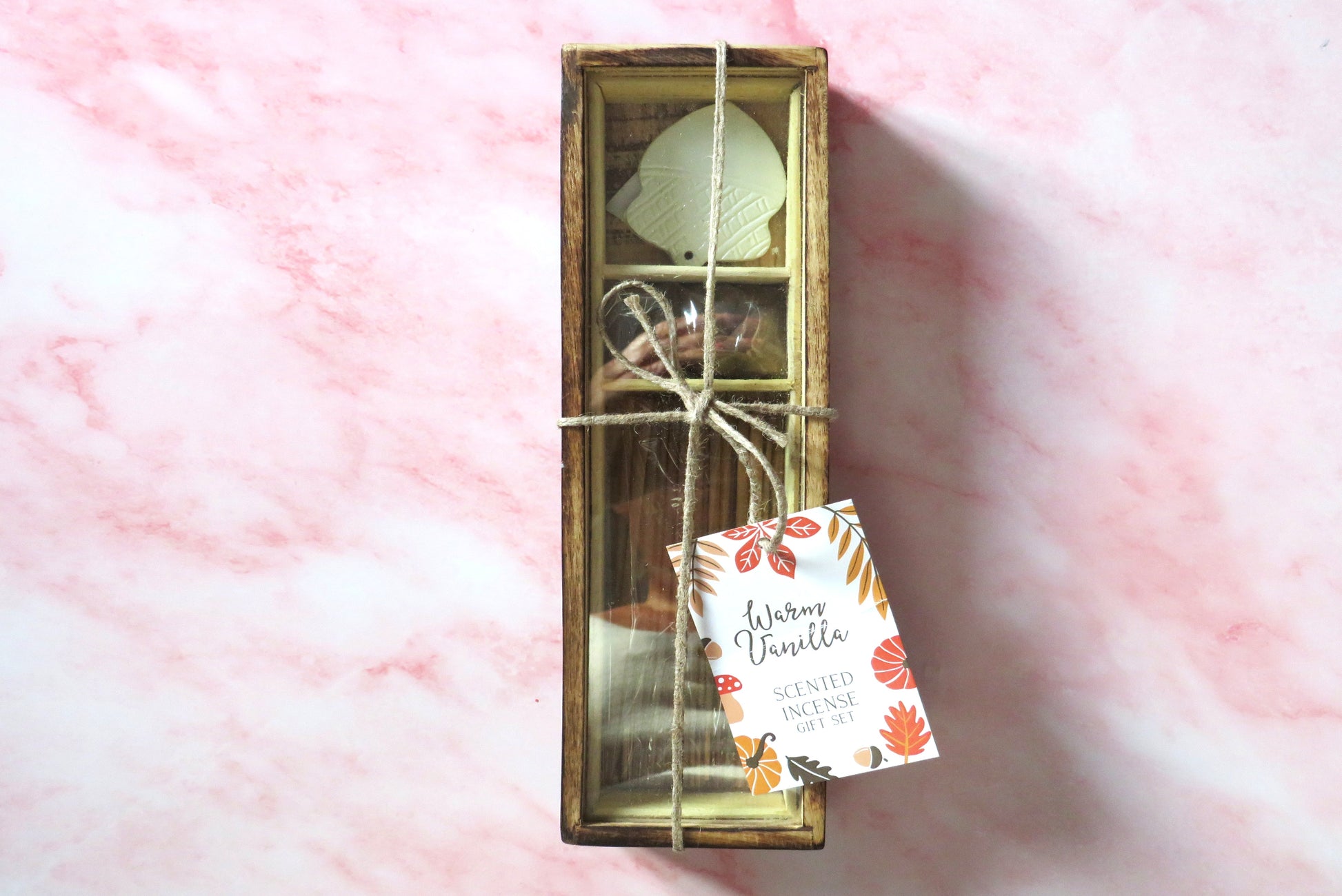 Warm Vanilla Scented Incense & acorn incense holder in a wooden box.