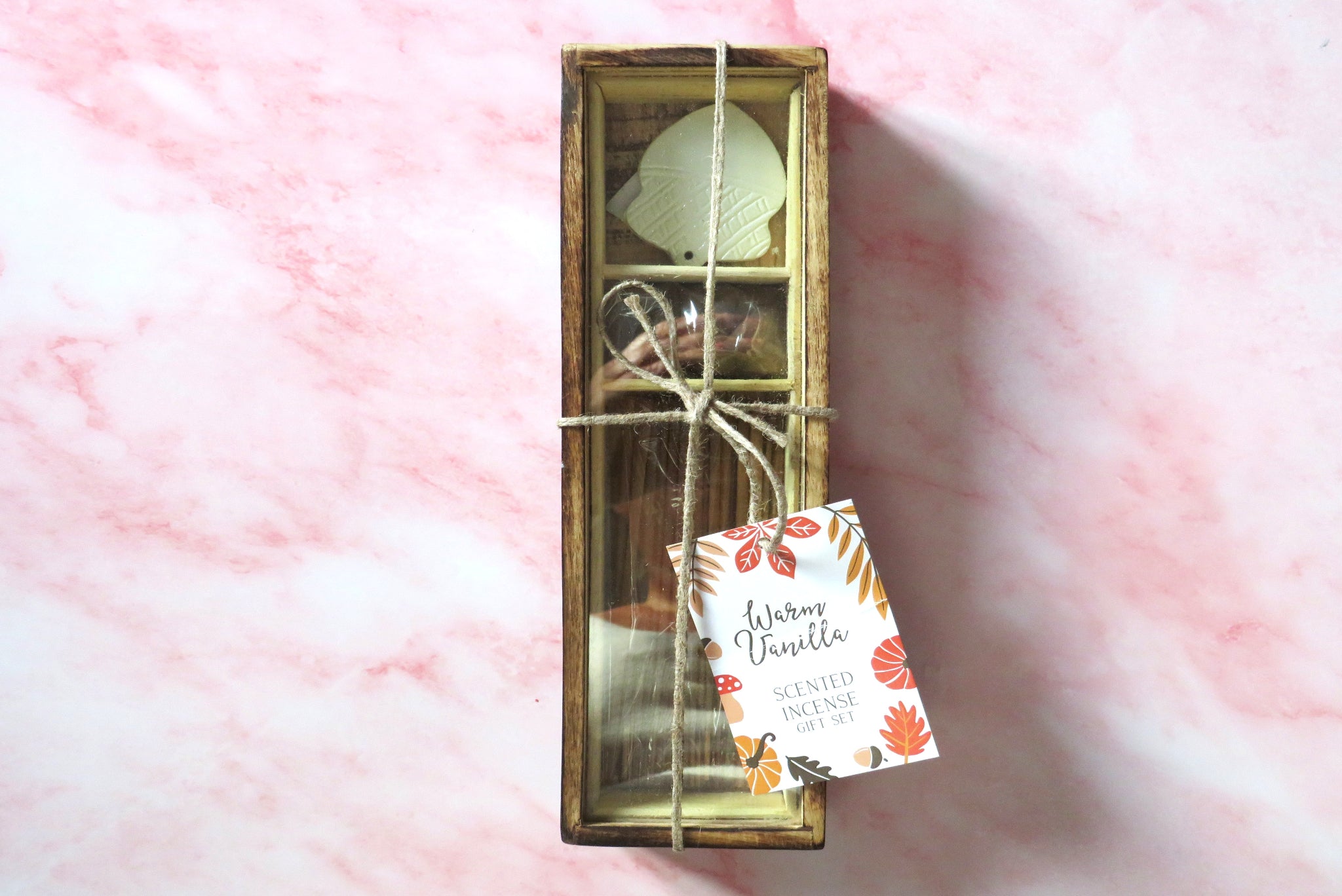 Warm Vanilla Scented Incense & acorn incense holder in a wooden box.